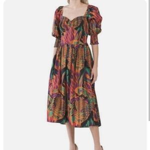 HOUSE of Harlow Puff Sleeve Smocked Bodice Dress Tropical Print XS summer